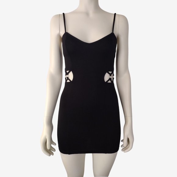 Forever 21 Black Spaghetti Strap Knit Mini Dress With Side cutouts Size S - Picture 1 of 10